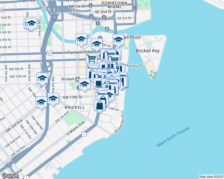 map of restaurants, bars, coffee shops, grocery stores, and more near 1111 Brickell Avenue in Miami