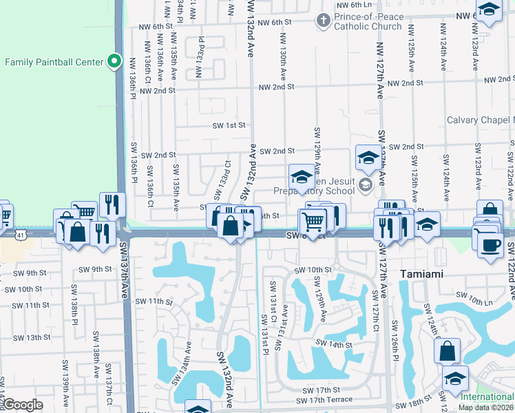 map of restaurants, bars, coffee shops, grocery stores, and more near 550 Southwest 131st Court in Miami