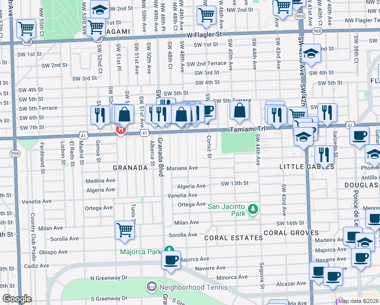 map of restaurants, bars, coffee shops, grocery stores, and more near 909 Santiago Street in Coral Gables