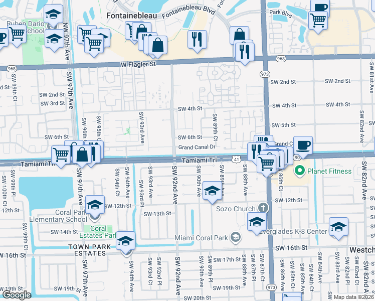 map of restaurants, bars, coffee shops, grocery stores, and more near 9120 Grand Canal Drive in Miami