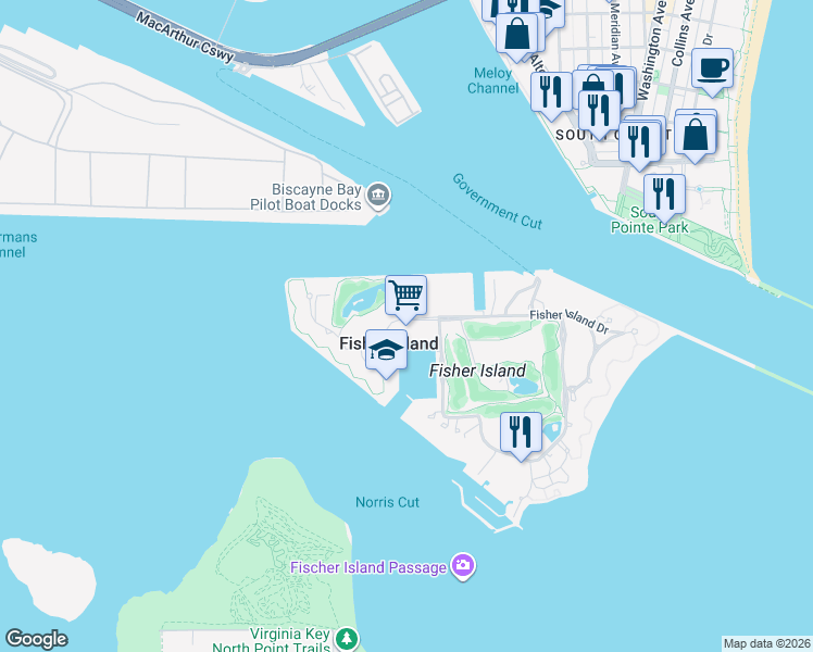 map of restaurants, bars, coffee shops, grocery stores, and more near in Fisher Island
