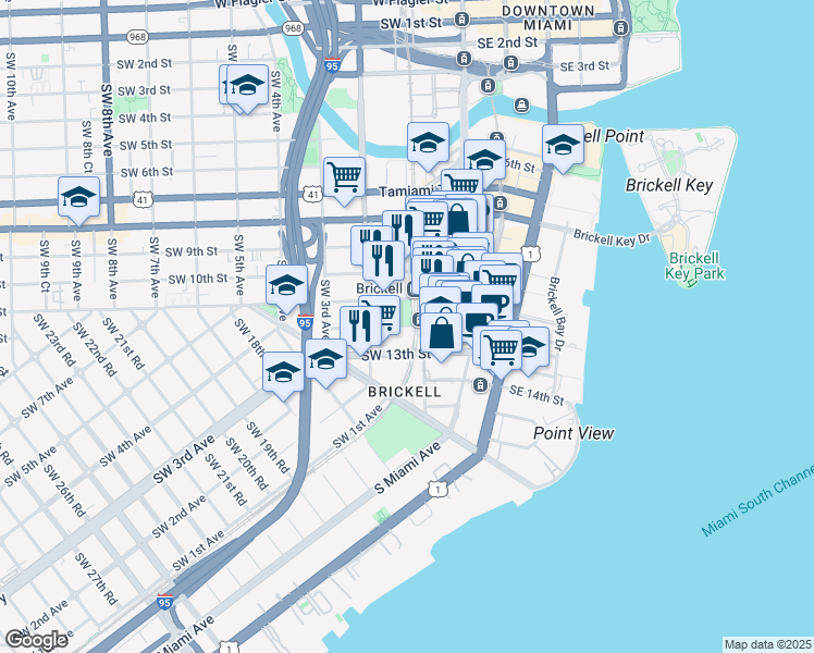 map of restaurants, bars, coffee shops, grocery stores, and more near 110 Southwest 12th Street in Miami