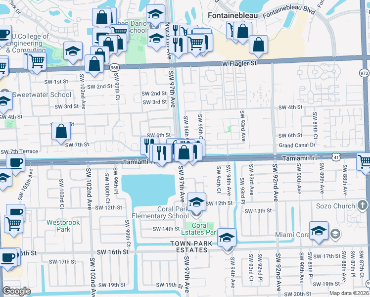 map of restaurants, bars, coffee shops, grocery stores, and more near 716 Southwest 96th Court in Miami