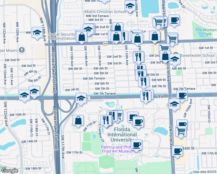 map of restaurants, bars, coffee shops, grocery stores, and more near 11255 Southwest 7th Street in Miami
