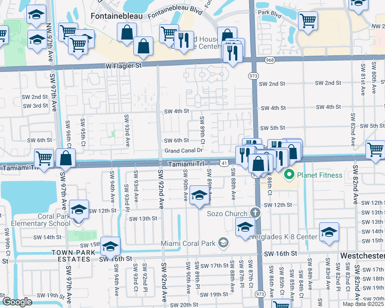 map of restaurants, bars, coffee shops, grocery stores, and more near 8964 Grand Canal Drive in Miami