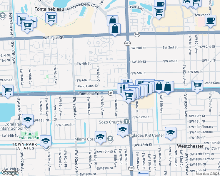 map of restaurants, bars, coffee shops, grocery stores, and more near 636 Southwest 88th Place East in Miami