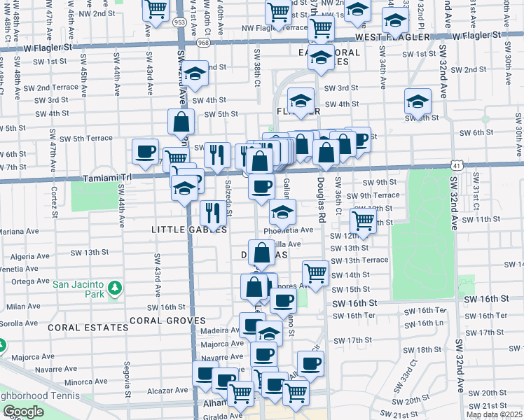 map of restaurants, bars, coffee shops, grocery stores, and more near 999 Ponce de Leon in Coral Gables