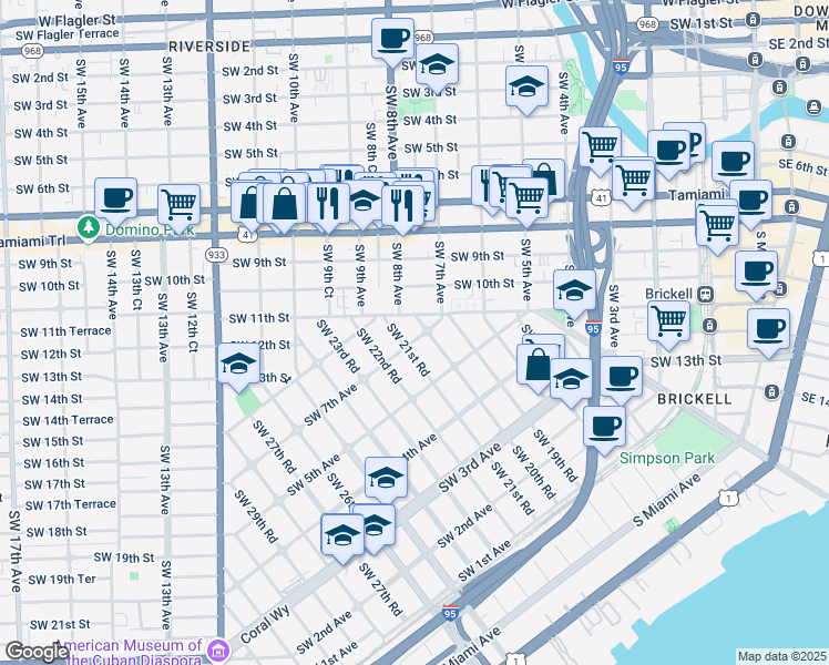 map of restaurants, bars, coffee shops, grocery stores, and more near 2004 Southwest 7th Avenue in Miami