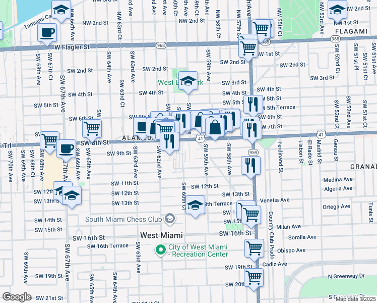 map of restaurants, bars, coffee shops, grocery stores, and more near 6012 Southwest 8th Street in Miami