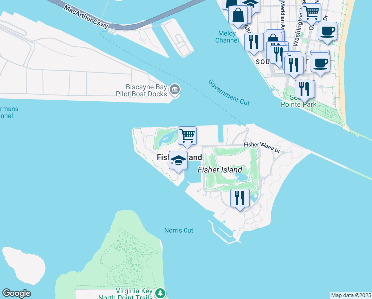 map of restaurants, bars, coffee shops, grocery stores, and more near in Fisher Island