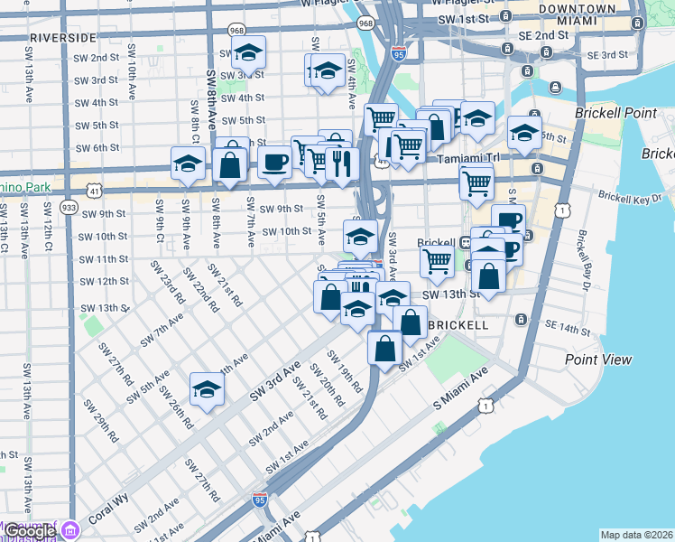 map of restaurants, bars, coffee shops, grocery stores, and more near in Miami