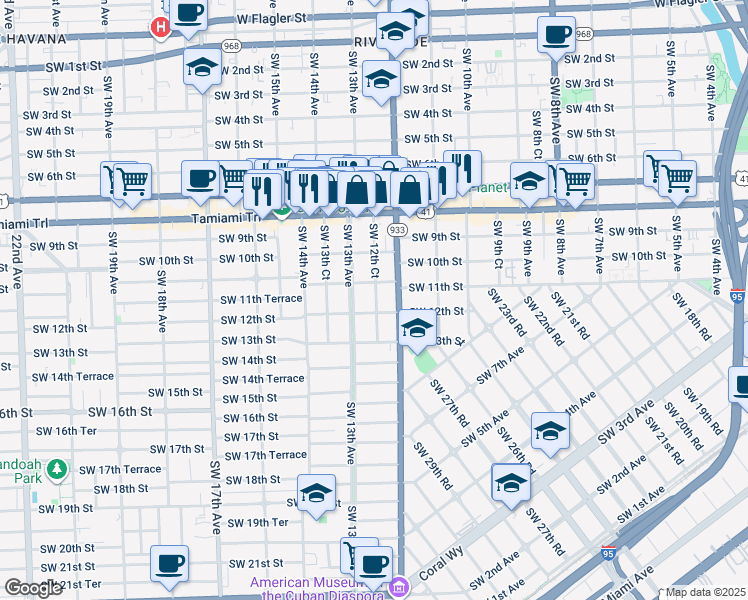 map of restaurants, bars, coffee shops, grocery stores, and more near 1136 Southwest 12th Court in Miami