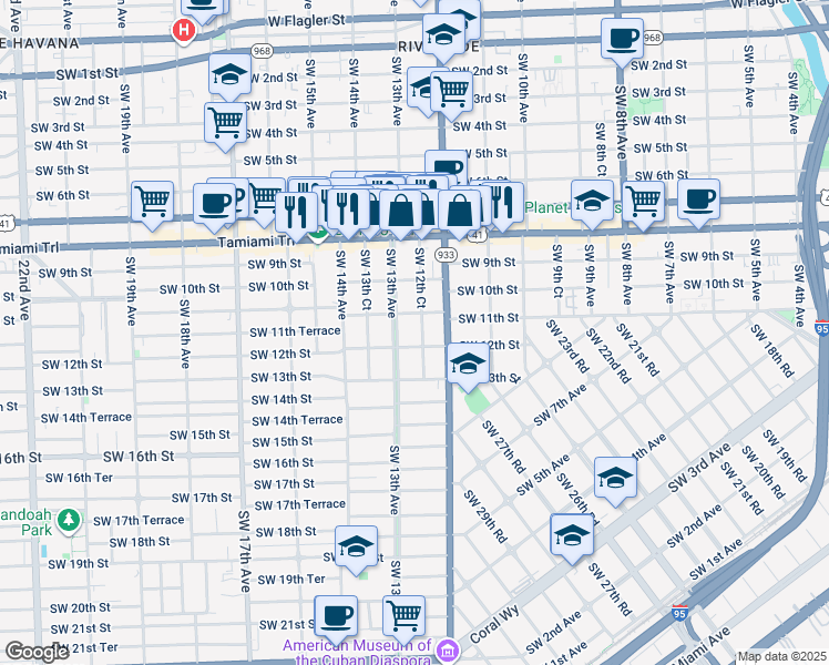 map of restaurants, bars, coffee shops, grocery stores, and more near 1136 Southwest 12th Court in Miami