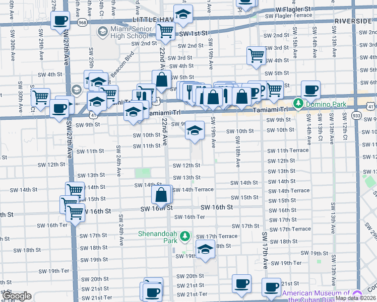 map of restaurants, bars, coffee shops, grocery stores, and more near 2110 Southwest 11th Street in Miami
