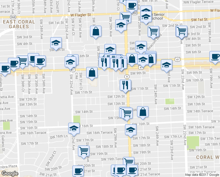 map of restaurants, bars, coffee shops, grocery stores, and more near 1052 Southwest 29th Avenue in Miami