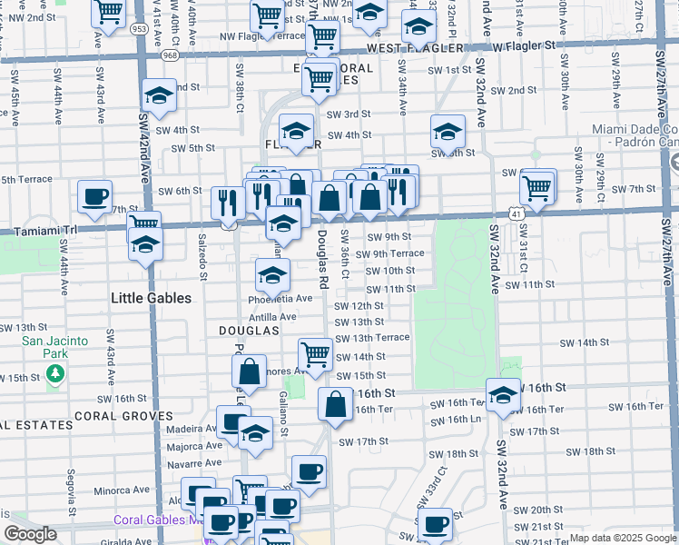 map of restaurants, bars, coffee shops, grocery stores, and more near 990 Southwest 36th Court in Miami