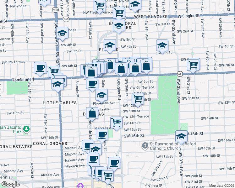 map of restaurants, bars, coffee shops, grocery stores, and more near 21 Santillane Avenue in Coral Gables