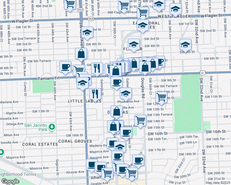 map of restaurants, bars, coffee shops, grocery stores, and more near 999 Ponce de Leon Boulevard in Coral Gables