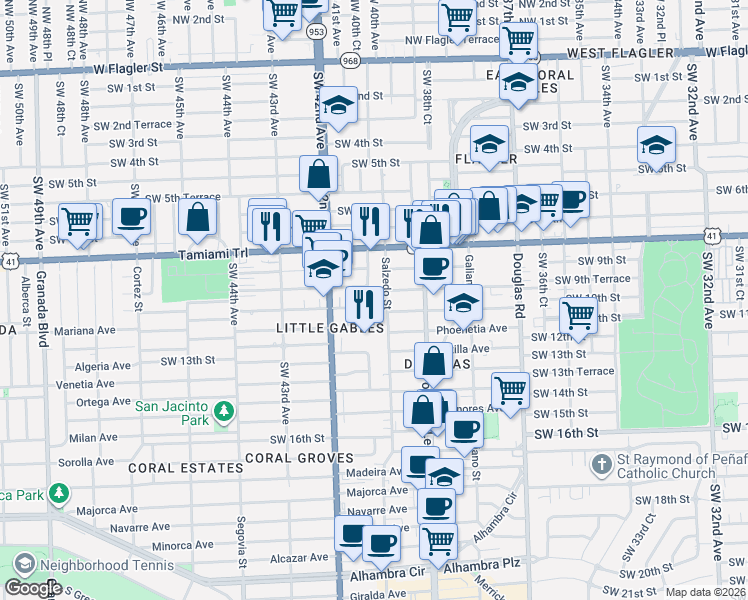 map of restaurants, bars, coffee shops, grocery stores, and more near 4005 Southwest 10th Street in Miami