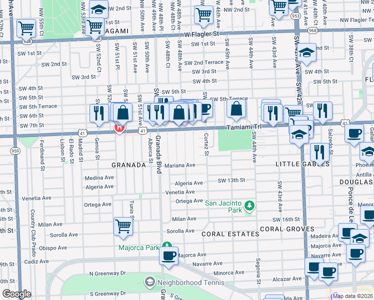 map of restaurants, bars, coffee shops, grocery stores, and more near 909 Santiago Street in Coral Gables
