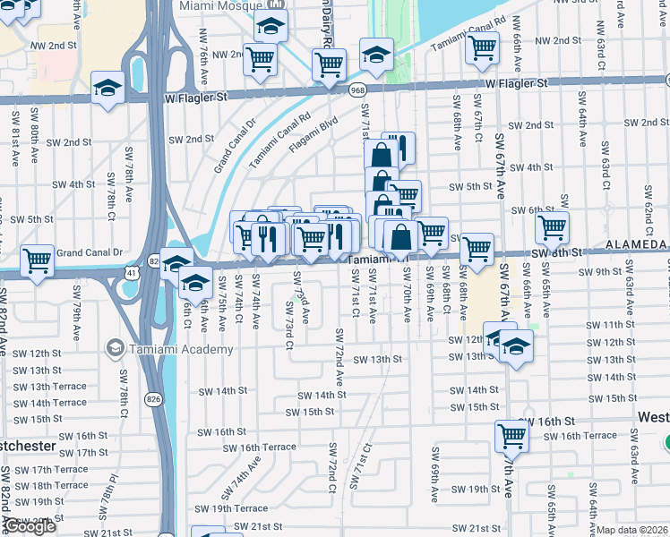 map of restaurants, bars, coffee shops, grocery stores, and more near 7190 Southwest 8th Street in Miami