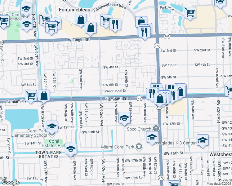 map of restaurants, bars, coffee shops, grocery stores, and more near 8964 Grand Canal Drive in Miami