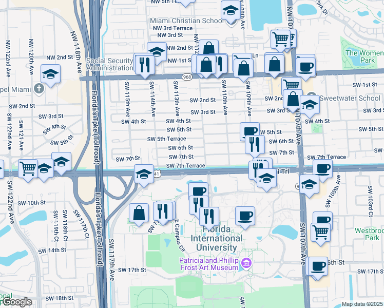 map of restaurants, bars, coffee shops, grocery stores, and more near 11255 Southwest 7th Street in Miami