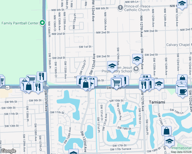 map of restaurants, bars, coffee shops, grocery stores, and more near 550 Southwest 131st Court in Miami