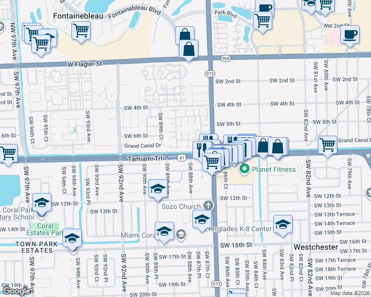 map of restaurants, bars, coffee shops, grocery stores, and more near 636 Southwest 88th Place East in Miami