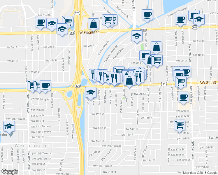 map of restaurants, bars, coffee shops, grocery stores, and more near 7400 Southwest 8th Street in Miami