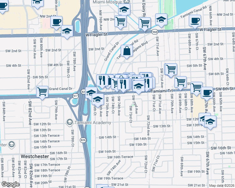 map of restaurants, bars, coffee shops, grocery stores, and more near 7400 Southwest 8th Street in Miami