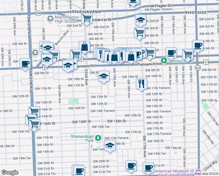 map of restaurants, bars, coffee shops, grocery stores, and more near 1111 Southwest 20th Avenue in Miami