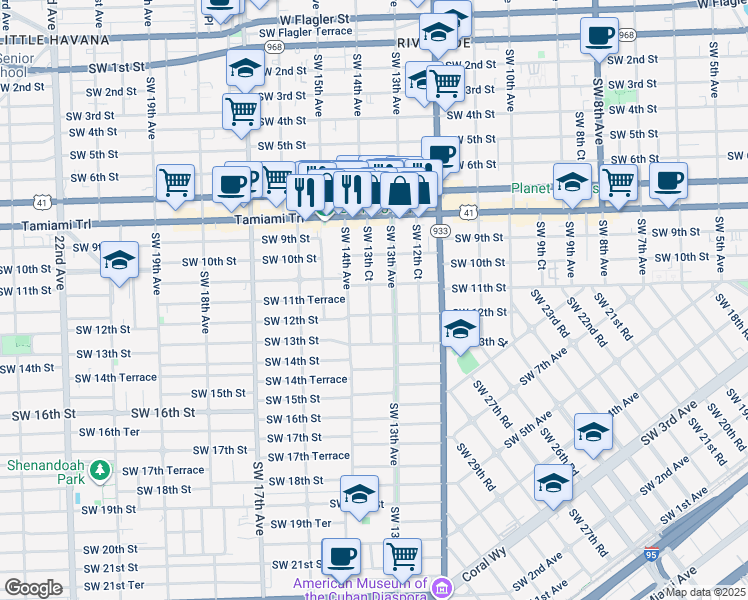 map of restaurants, bars, coffee shops, grocery stores, and more near 1127 Southwest 13th Court in Miami