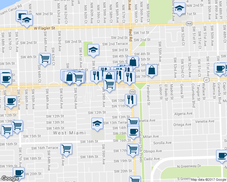map of restaurants, bars, coffee shops, grocery stores, and more near 5824 Southwest 9th Street in West Miami