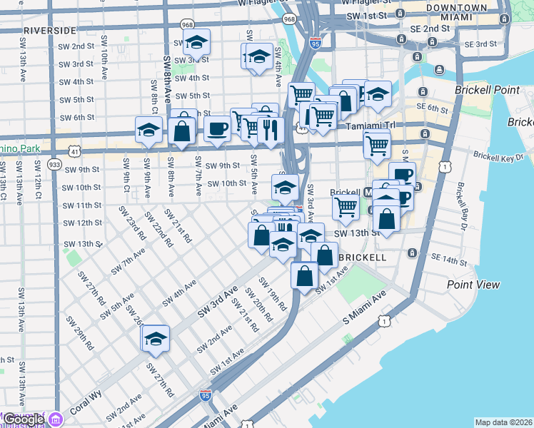 map of restaurants, bars, coffee shops, grocery stores, and more near in Miami