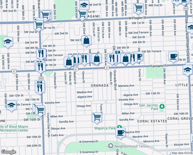 map of restaurants, bars, coffee shops, grocery stores, and more near 840 Tangier Street in Coral Gables