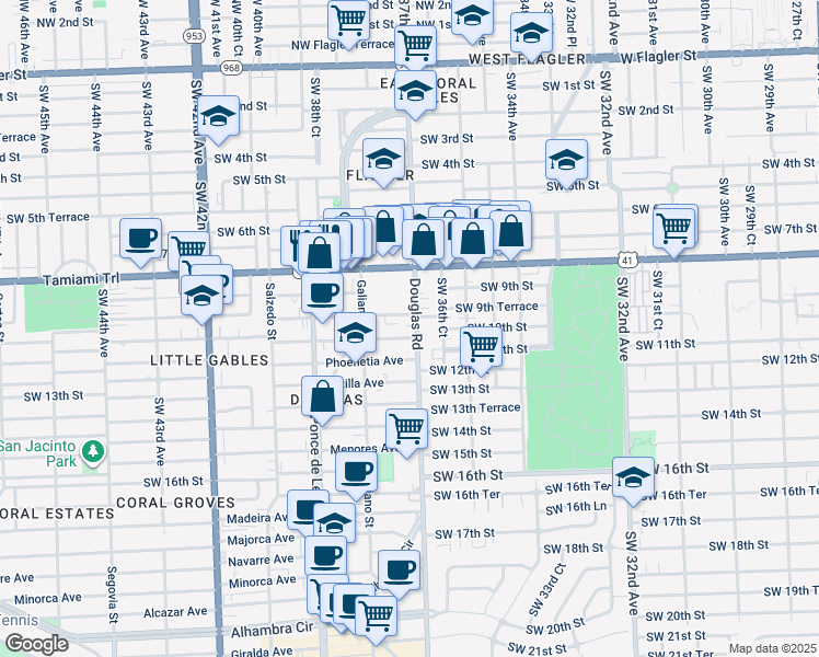 map of restaurants, bars, coffee shops, grocery stores, and more near 21 Santillane Avenue in Coral Gables