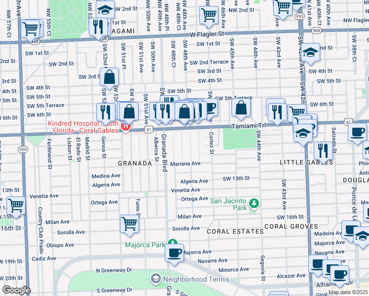 map of restaurants, bars, coffee shops, grocery stores, and more near 911 Monterey Street in Coral Gables