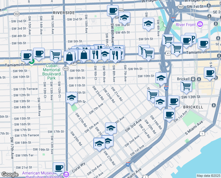 map of restaurants, bars, coffee shops, grocery stores, and more near 770 Southwest 21st Road in Miami