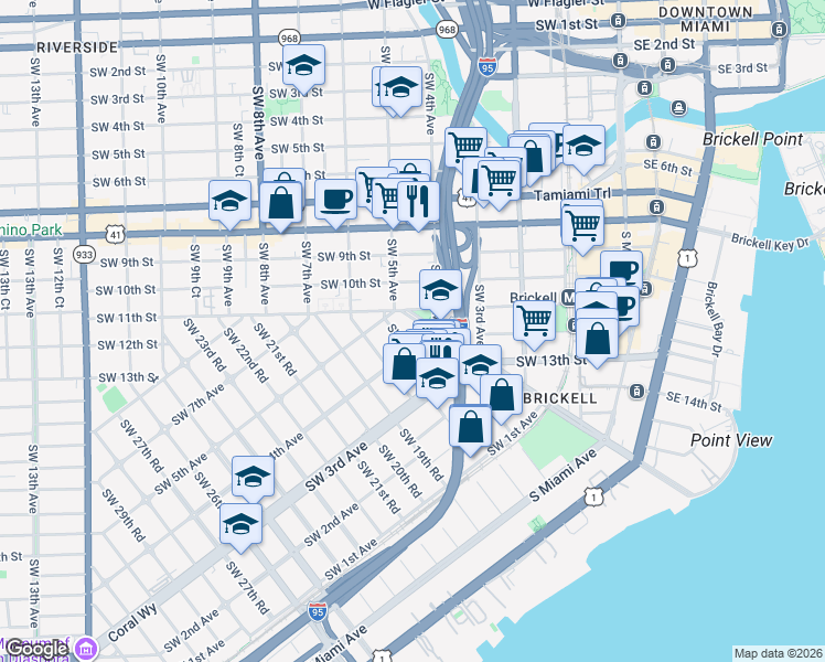 map of restaurants, bars, coffee shops, grocery stores, and more near in Miami