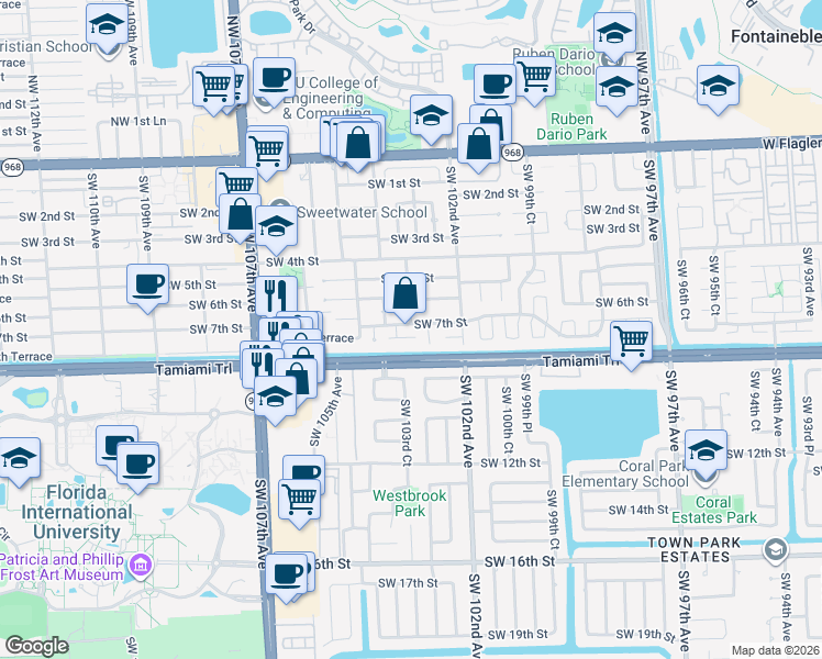map of restaurants, bars, coffee shops, grocery stores, and more near 10301 Southwest 7th Terrace in Miami