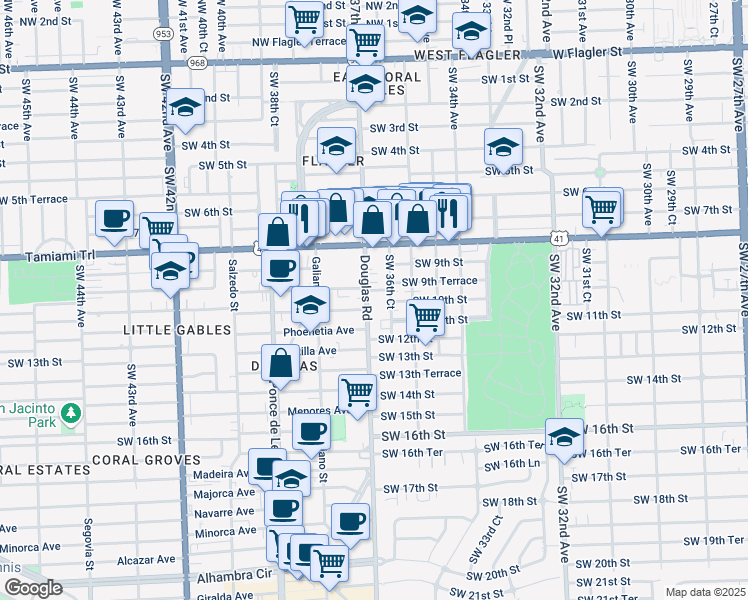 map of restaurants, bars, coffee shops, grocery stores, and more near 985 Southwest 37th Avenue in Miami