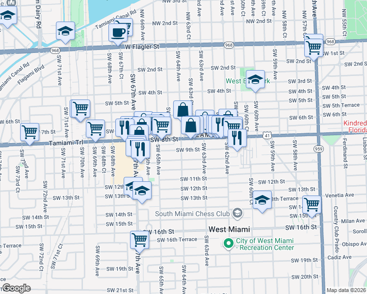 map of restaurants, bars, coffee shops, grocery stores, and more near 6387 Southwest 9th Street in West Miami