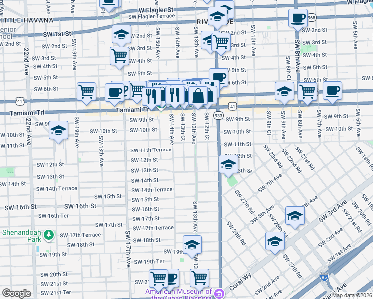 map of restaurants, bars, coffee shops, grocery stores, and more near 1127 Southwest 13th Court in Miami