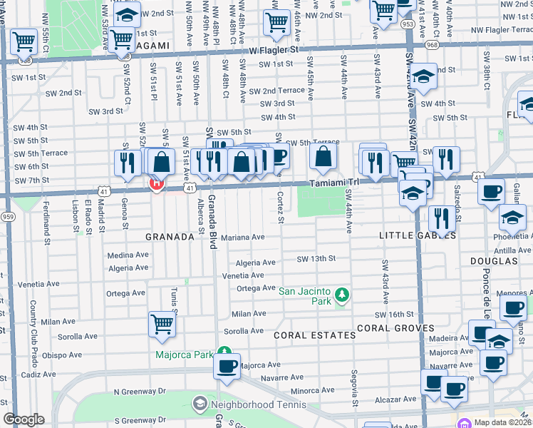 map of restaurants, bars, coffee shops, grocery stores, and more near 909 Santiago Street in Coral Gables