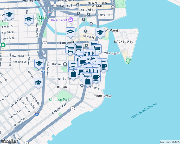 map of restaurants, bars, coffee shops, grocery stores, and more near 1069 Brickell Avenue in Miami