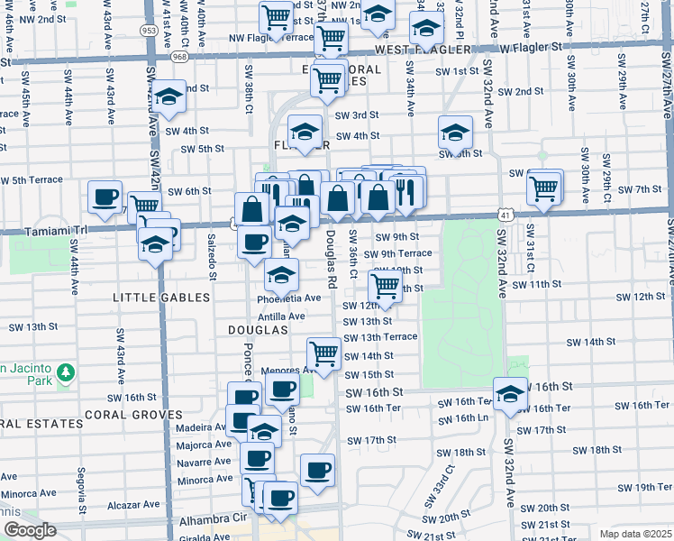 map of restaurants, bars, coffee shops, grocery stores, and more near 987 Southwest 37th Avenue in Miami