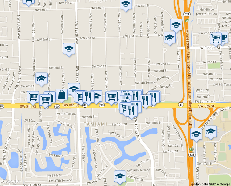 map of restaurants, bars, coffee shops, grocery stores, and more near 12385 Southwest 6th Street in Miami