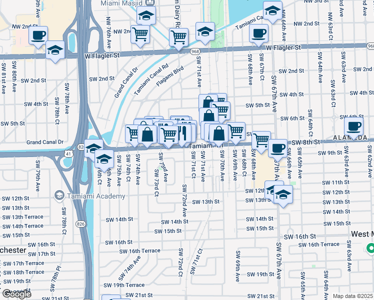 map of restaurants, bars, coffee shops, grocery stores, and more near 7190 Southwest 8th Street in Miami