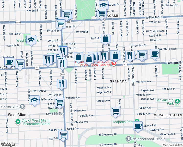 map of restaurants, bars, coffee shops, grocery stores, and more near 833 El Rado Street in Coral Gables